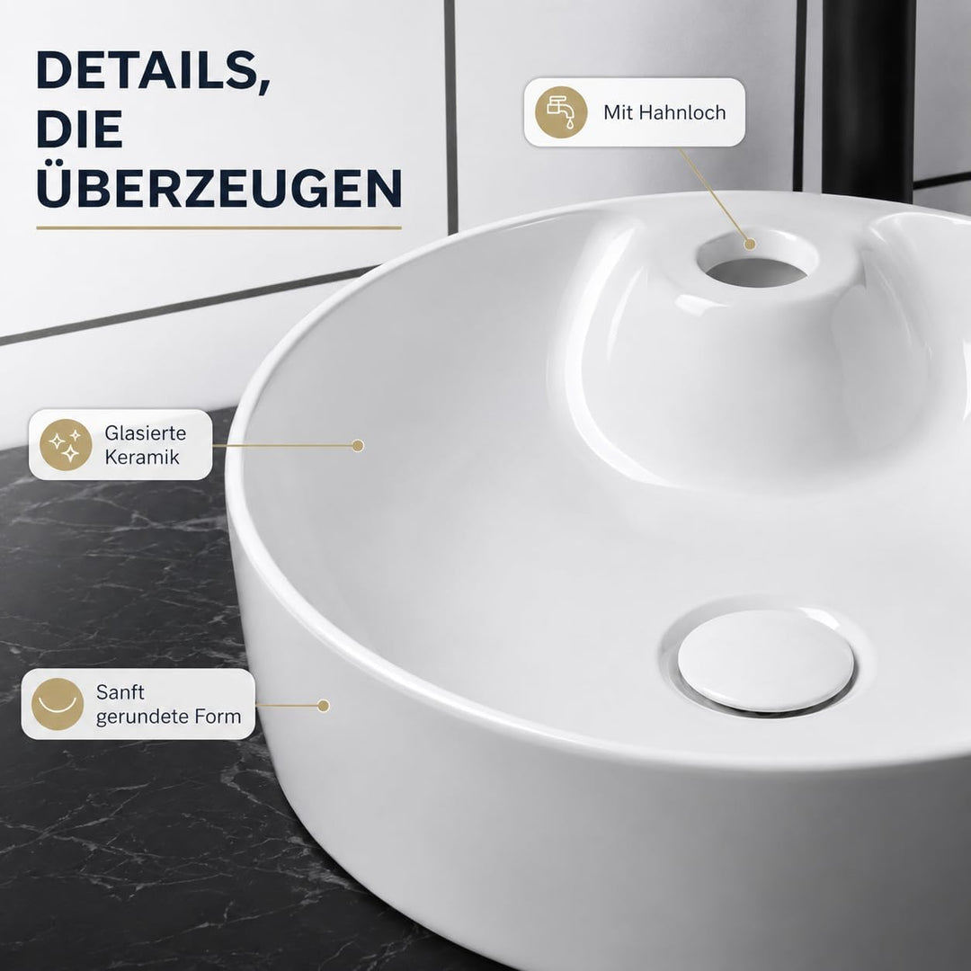Art-of-Baan® Keramik-Aufsatzwaschbecken I Waschbecken mit Lotus-Effekt I Handwaschbecken in Weiss I