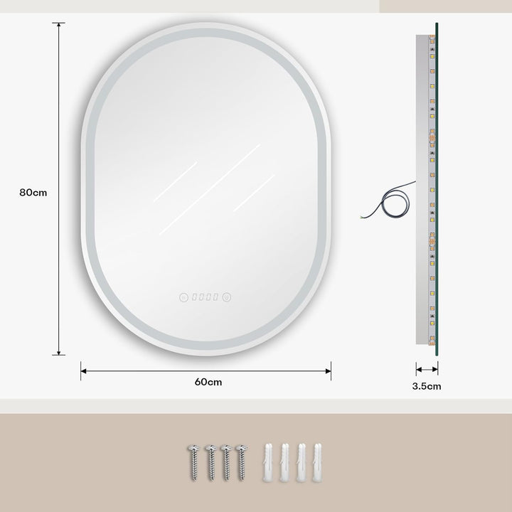 Dripex Badspiegel mit Beleuchtung Led Spiegel mit Uhr und Touch-Schalter, Dimmbar, 3 Lichtfarbe Eins