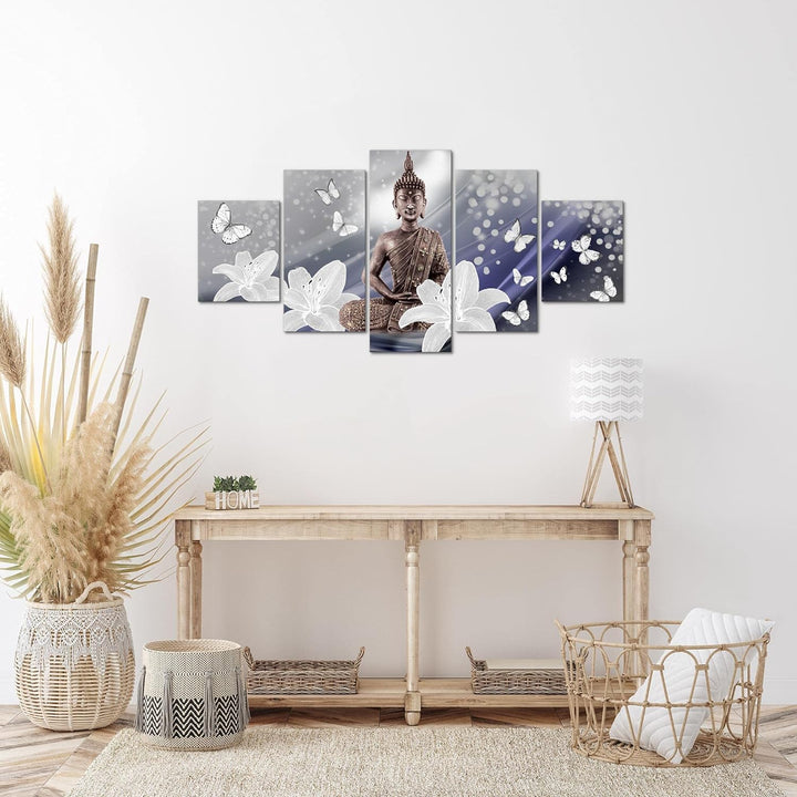 Runa Art Wandbilder Buddha Blumen 5 Teilig Bild auf Vlies Leinwand Deko Wohnzimmer Schmetterling Zen
