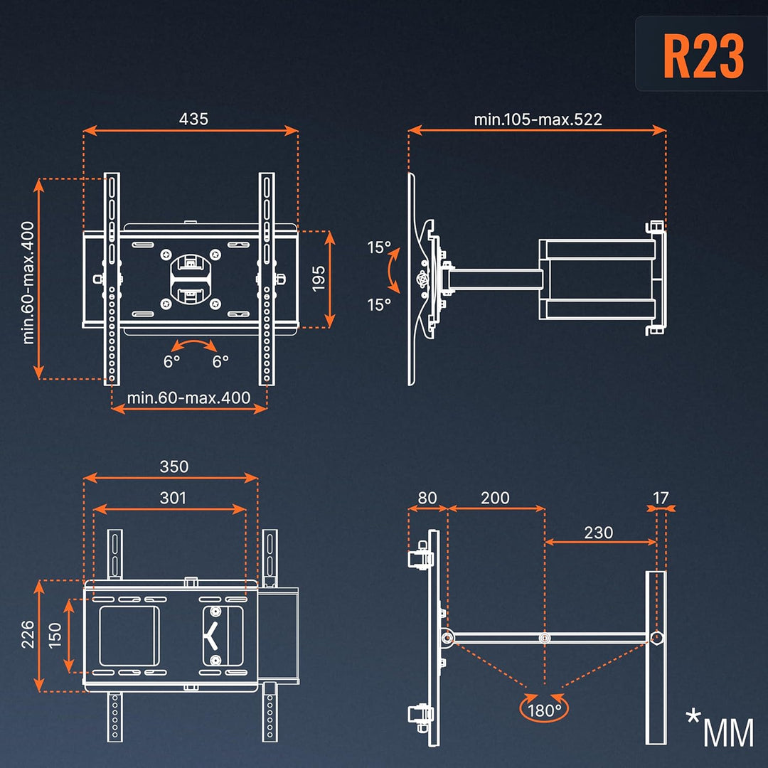 RICOO TV Wandhalterung Schwenkbar Neigbar, (R23-S) Universale TV-Halterung für 31-65 Zoll (bis zu 95