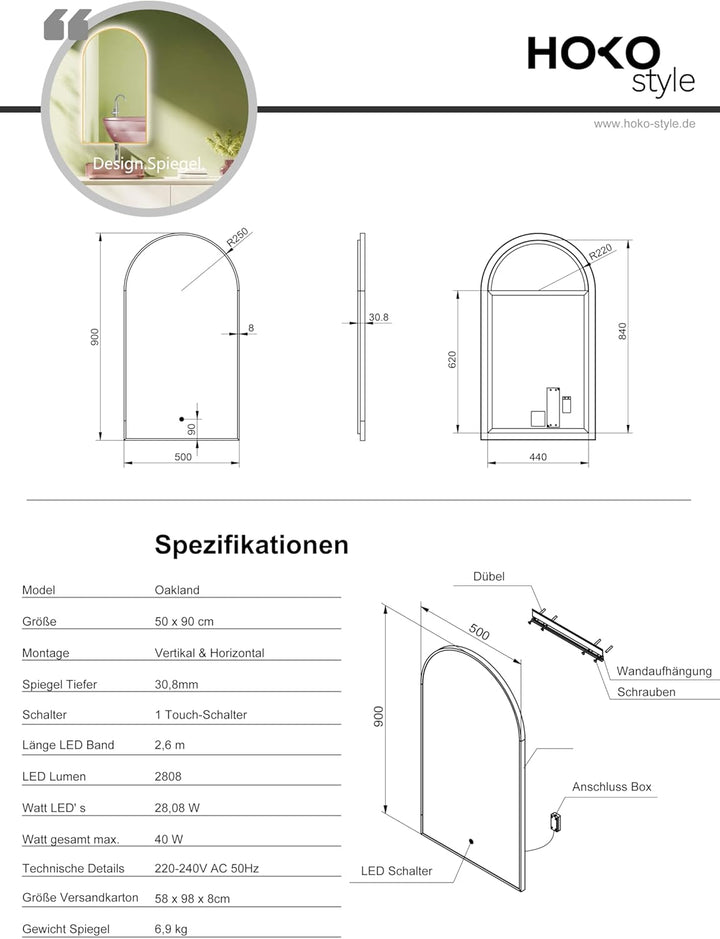 HOKO® Bogen LED Badspiegel 50x90 cm / 90x50 cm Oakland mit Goldener Metallrahmen, HOCH+QUER Montage.