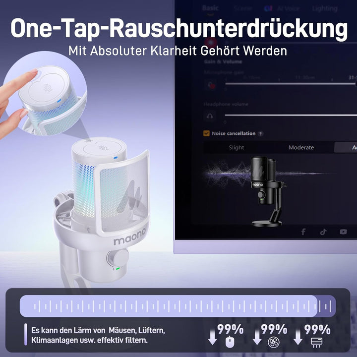 MAONO Mikrofon Kabellos für PC, Gaming Mikrofon mit Software-AI-Stimmänderung, Geräuschunterdrückung
