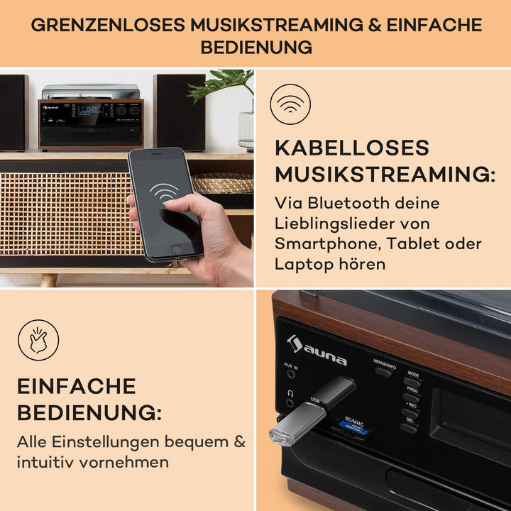 Auna Plattenspieler für Schallplatten, Plattenspieler mit Lautsprecher, CD-Player, USB & DAB Radio,