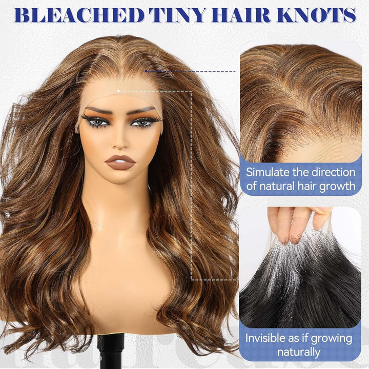 HAIRCUBE 13x6 HD Synthetische Lace-Front-Perücke, 24 Zoll gemischte braune lange lockige geschichtet