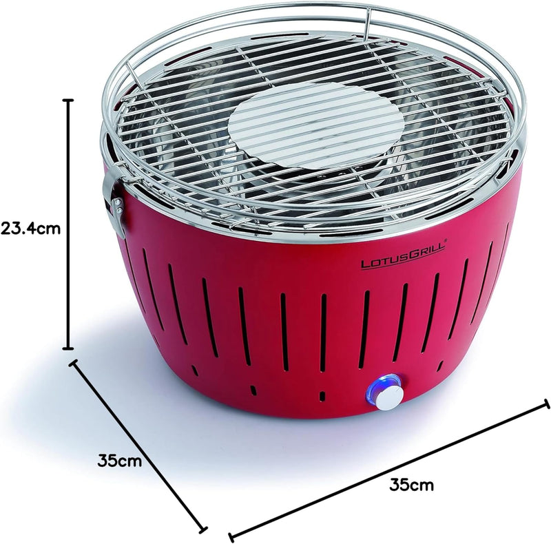 LotusGrill Classic Feuerrot G340 Rot Tischgrill Holzkohlegrill Raucharm USB-Anschluss Red, Red