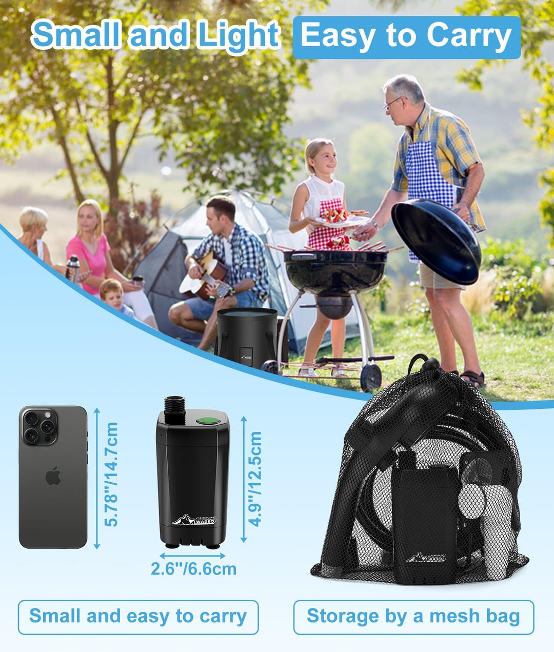 WADEO Tragbare Campingdusche Akku mit Pumpe und Eimer, Camping Dusche Outdoor mit wiederaufladbarem