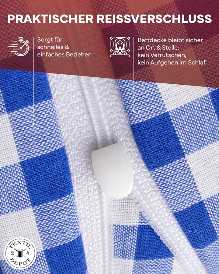 Landhaus Bettwäsche Garnitur 2-teilig 135 x 200 cm + 80 x 80 cm Baumwolle kariert blau-weiss Blau-we