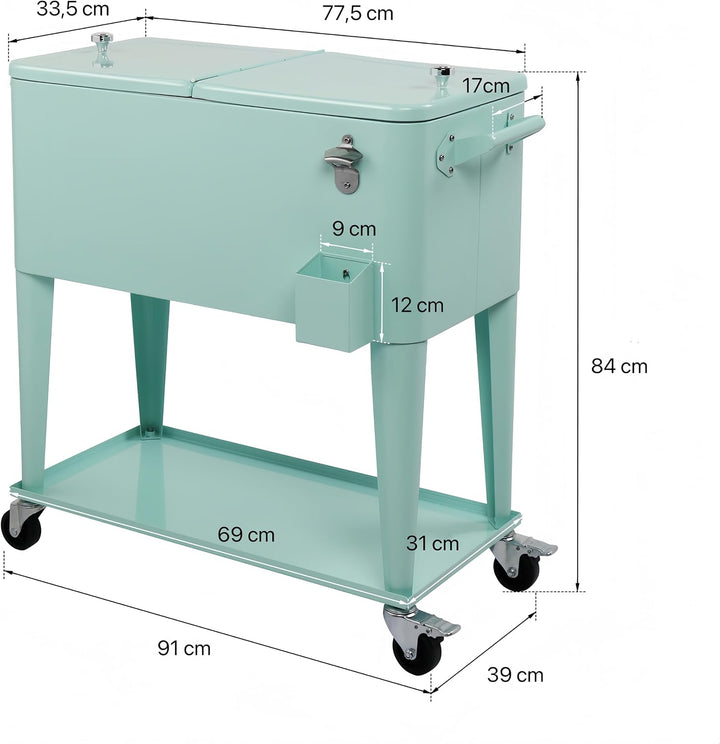 Bonnlo 76L Rollbarer Getränkekühler – Servierwagen, Kühlwagen mit Ablage, Flaschenöffner und Rollen,