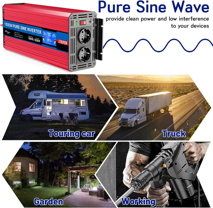 ETREPOW 1500w Wechselrichter 12v Auf 230v Reiner Sinus Spannungswandler mit 2 EU-Steckdose und Einer