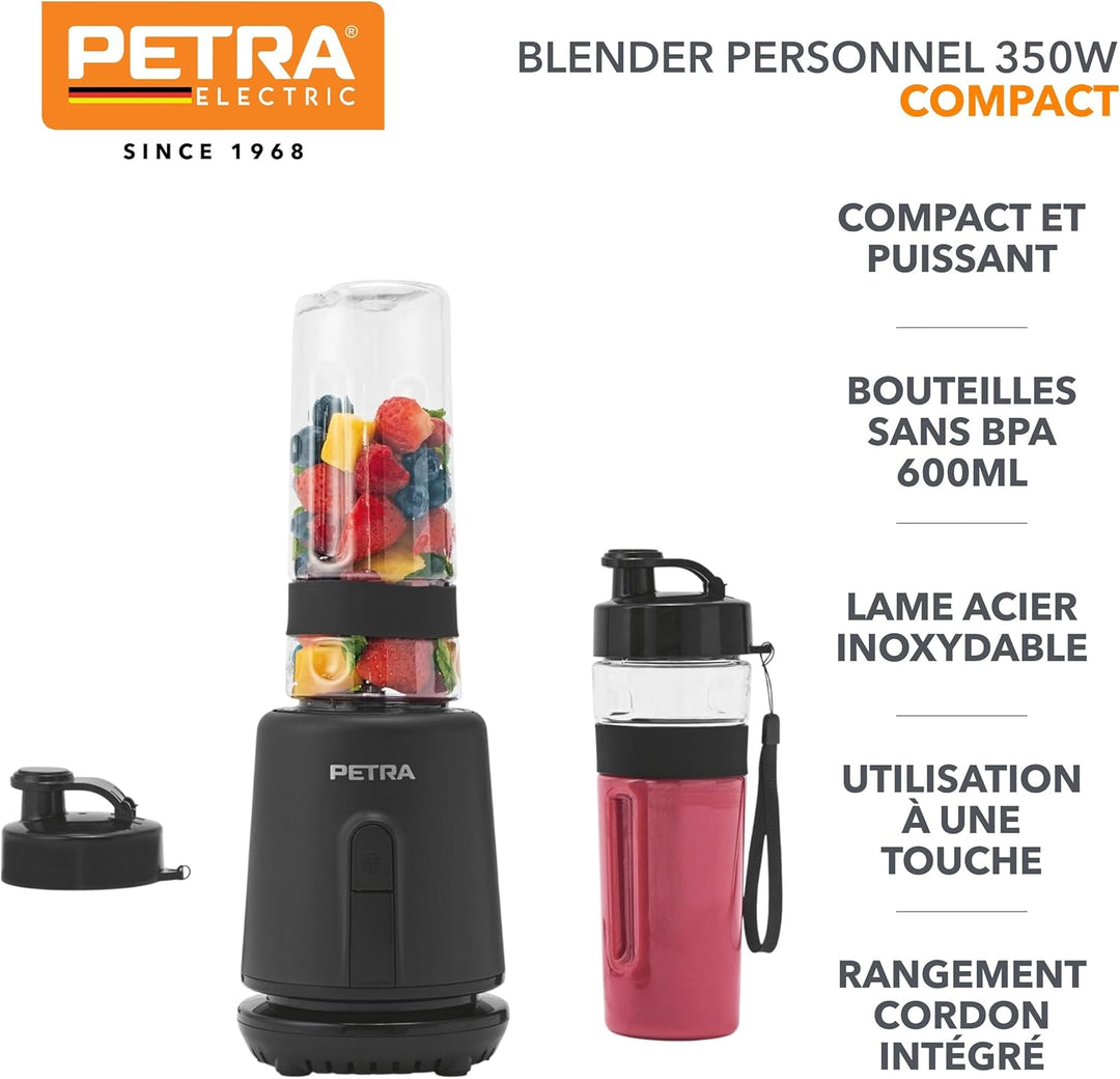 Petra Smoothie Maker To Go 350W, Standmixer mit 2 Sportflaschen (600ml), Mixer für Smoothies mit Ede