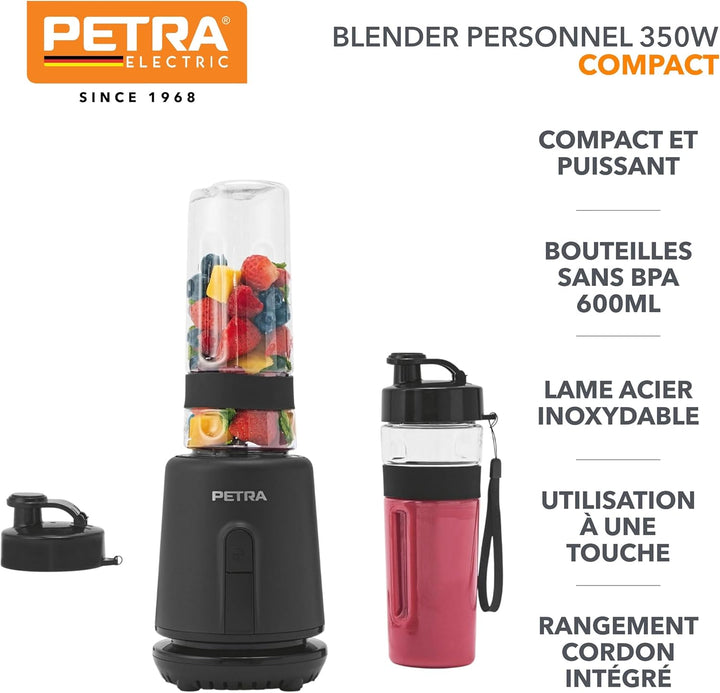 Petra Smoothie Maker To Go 350W, Standmixer mit 2 Sportflaschen (600ml), Mixer für Smoothies mit Ede