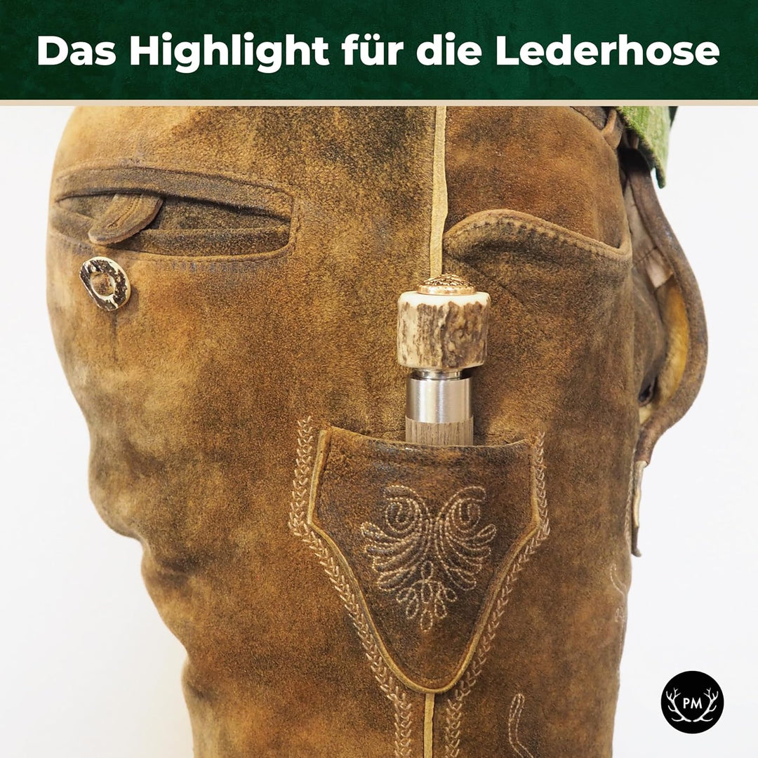 Flachmann mit echtem Hirschgeweih Deckel - 4cl Füllmenge, passt in Lederhose - Oktoberfest Gadget -