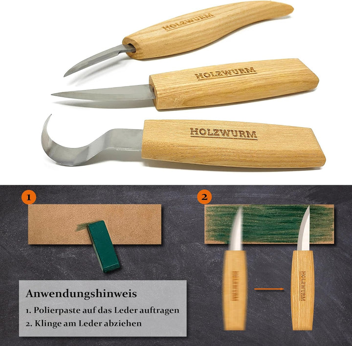 Holzwurm Holz Schnitzmesser-Set inkl. Tasche, Anleitung und Vorlagen, ideales Schnitzwerkzeug-Set zu