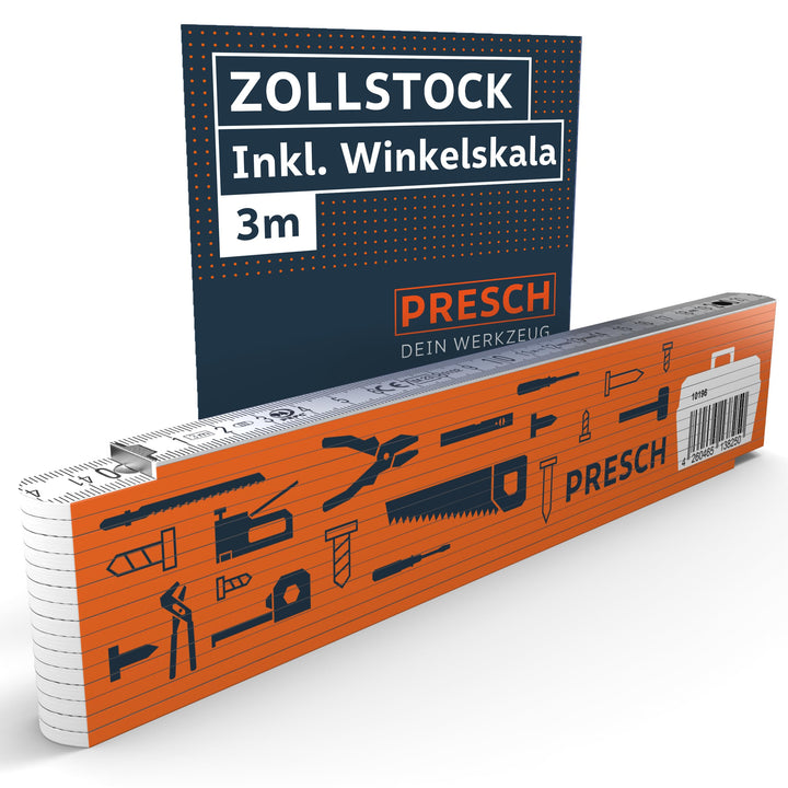 Presch Zollstock 3m mit Winkelfunktion - Holz - Orange - Grosse & sehr gut lesbare Zahlen - Exaktes