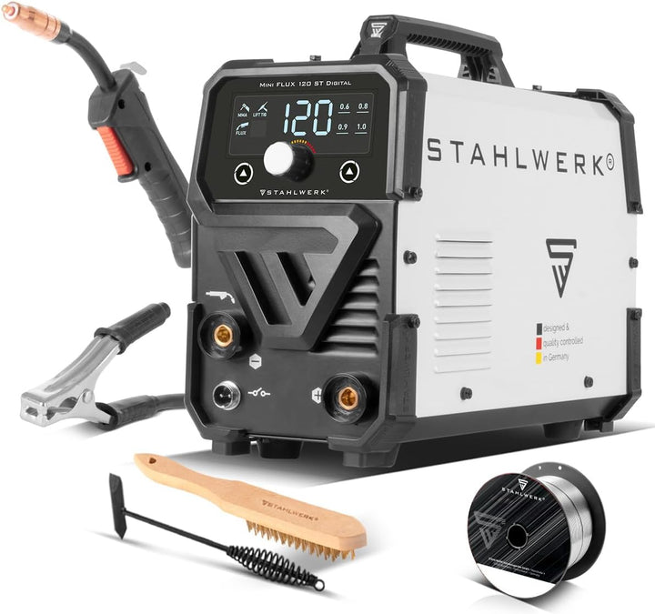 STAHLWERK Mini FLUX 120 ST Fülldraht Schweissgerät mit synergischem Drahtvorschub für 0,6 | 0,8 | 0,