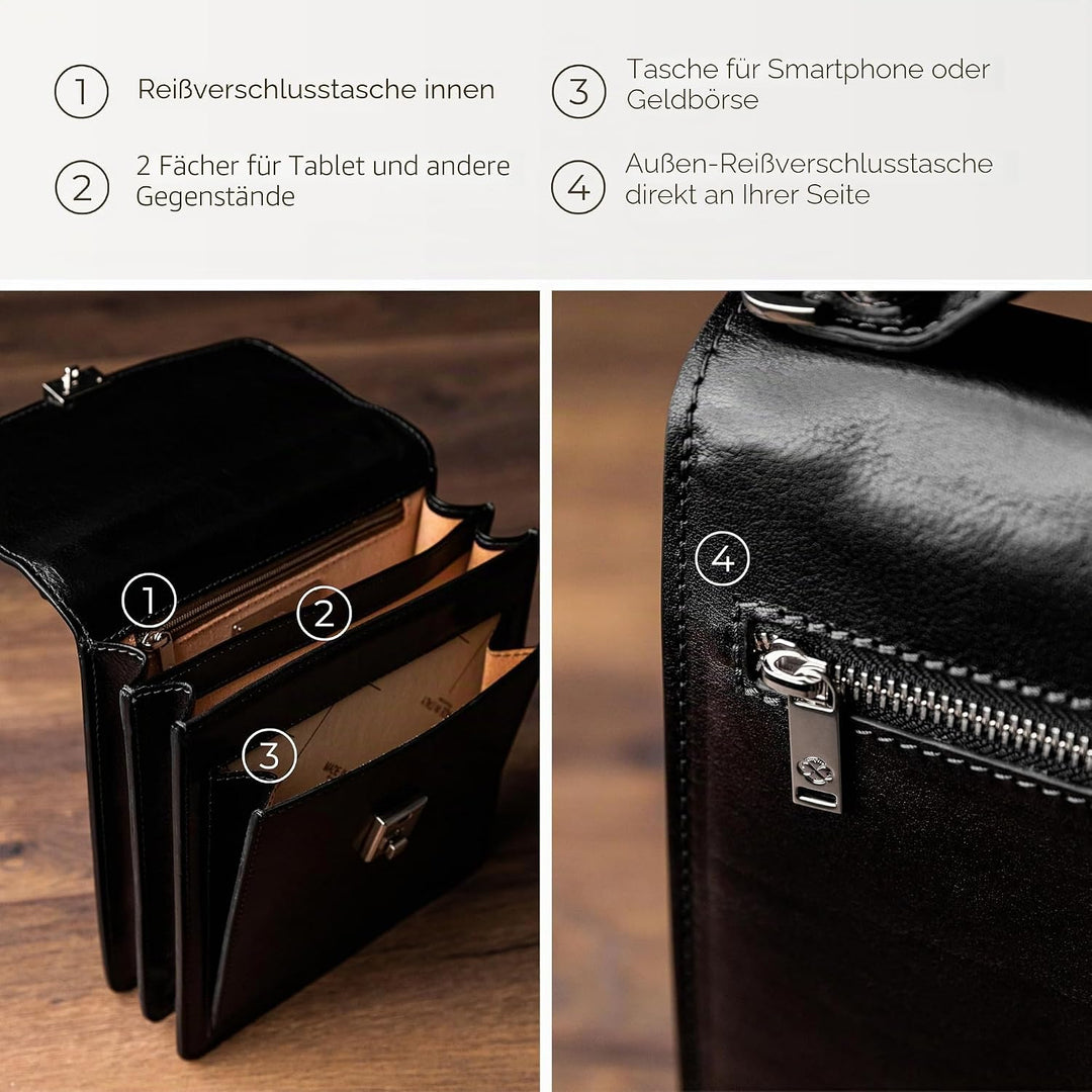 Time Resistance Leder Aktentasche - Leder Tasche Handgefertigt in Italien - Arbeitstasche mit Schult