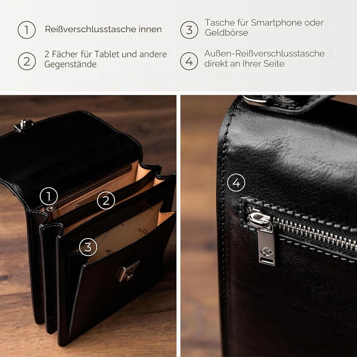 Time Resistance Leder Aktentasche - Leder Tasche Handgefertigt in Italien - Arbeitstasche mit Schult