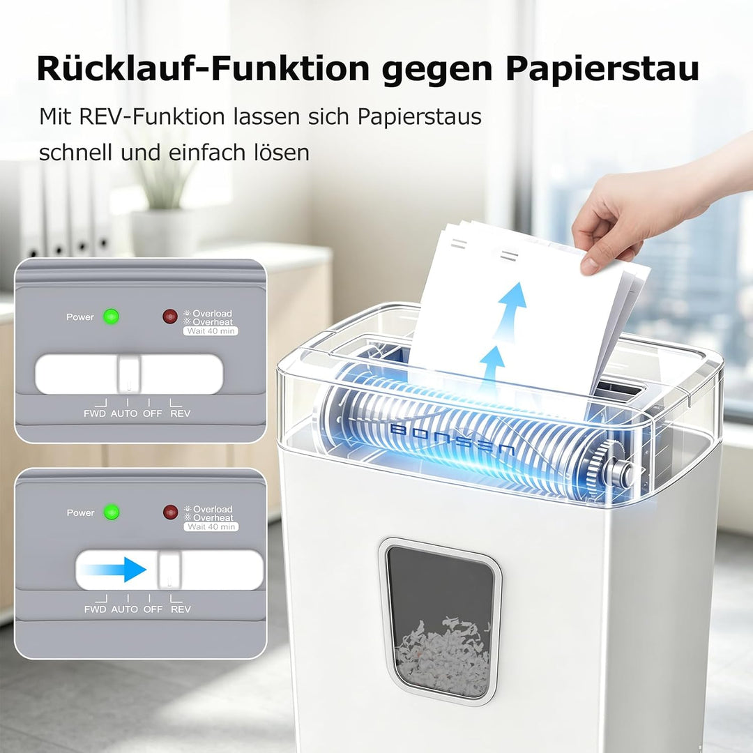 BONSEN Aktenvernichter Mikroschnitt 12 Blatt, Leise 60dB, S5211-W | 21L Behälter, P-4 Sicherheitsstu