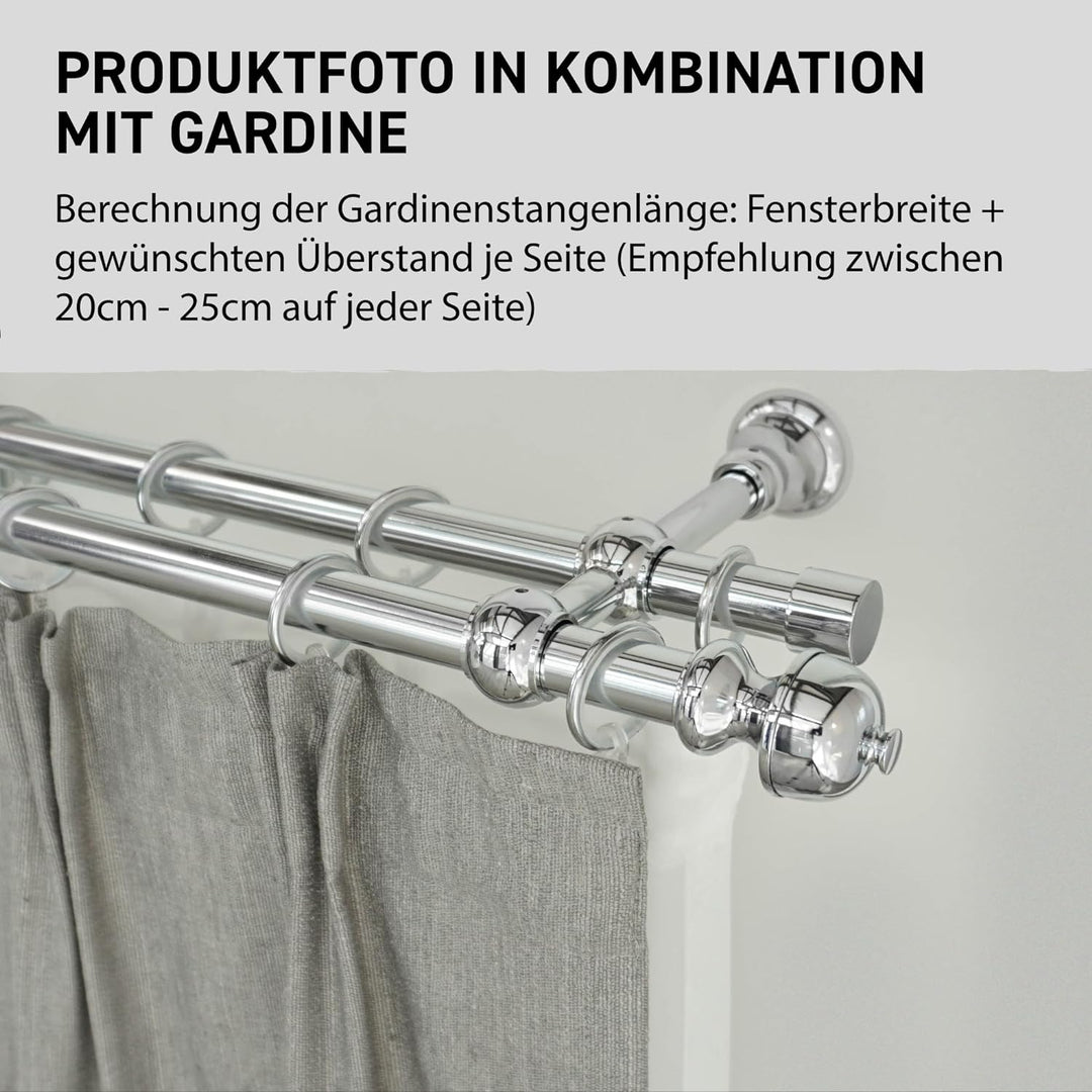 Garesa Gardinenstange Andrea Ø 20mm, 2-läufig, Chrom I Stabile Vorhangstange inkl. Ringe + Faltenleg
