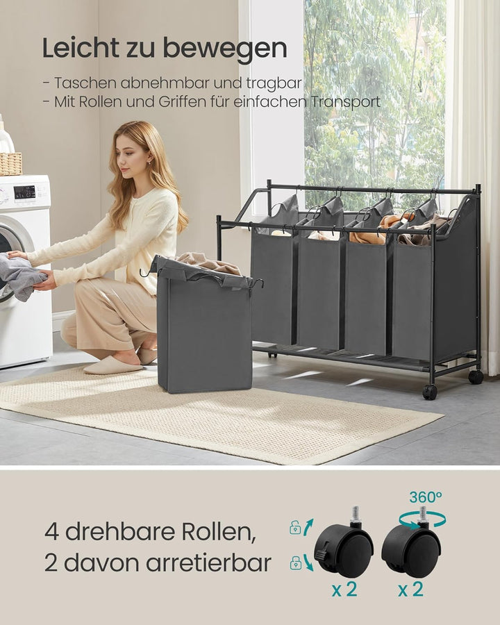 SONGMICS Wäschekorb mit Rollen, Wäschesammler mit 5 abnehmbaren Wäschesäcken, Wäschewagen, für Wasch