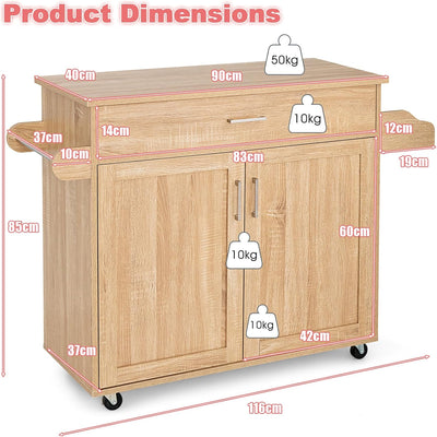 KOMFOTTEU Küchenwagen Servierwagen mit Arbeitsplatte, Küchenschrank Holz mit Rollen, Kücheninsel küc