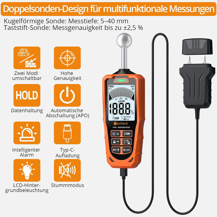Neoteck Pin&Pinless Feuchtigkeitsmesser mit Farb-LCD und akustischem Alarm 2-in-1 Dual-Sonden-Feucht