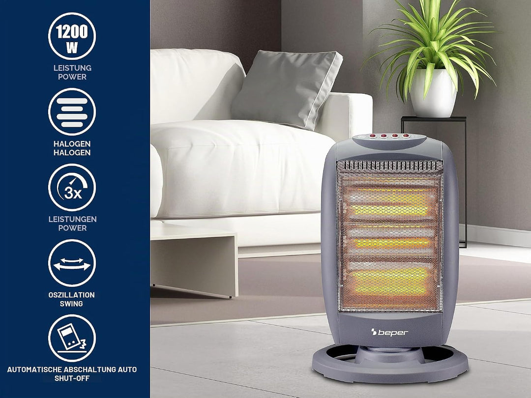 BEPER P203PAN011 Halogen-Heizfläche, 400/800/1200W, 3 Heizelemente, 3 Leistungsstufen, automatische