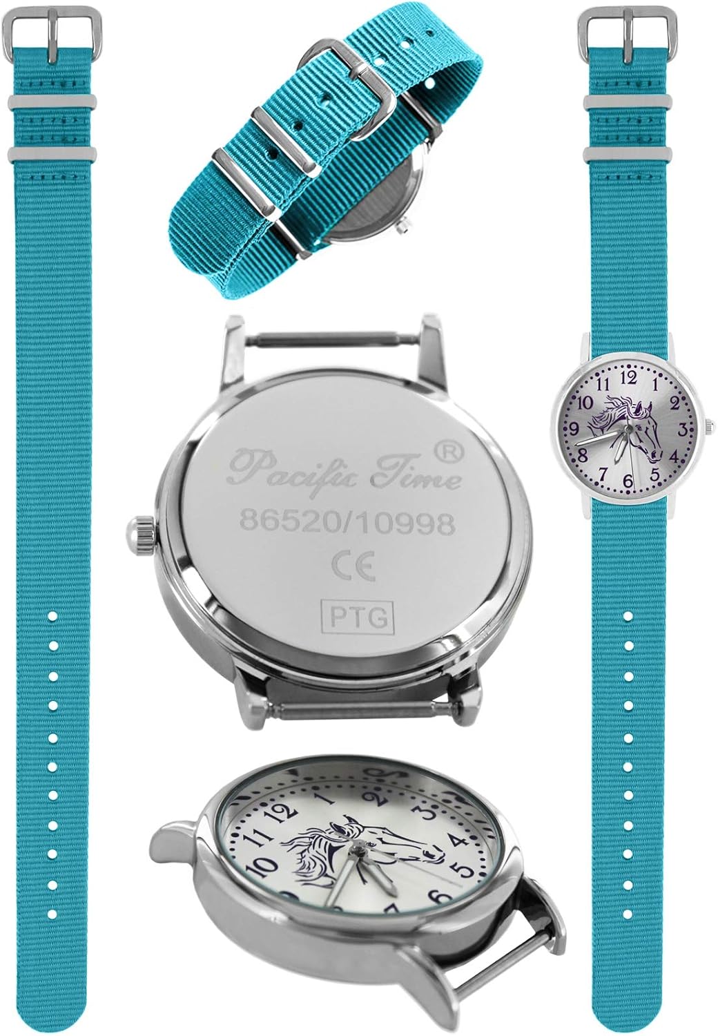 Pacific Time Mädchen Uhr Pferde analog Quarz mit Textil Wechselarmband hell blau