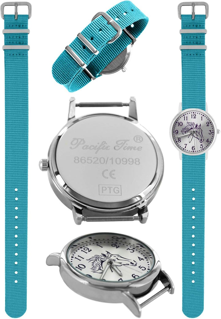 Pacific Time Mädchen Uhr Pferde analog Quarz mit Textil Wechselarmband hell blau