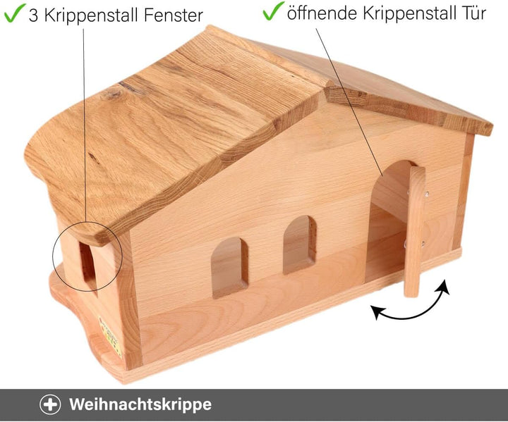 Weihnachtskrippe aus Holz | Krippenstall mit Stall und Hauptraum | Vielseitig als Bauernhof nutzbar