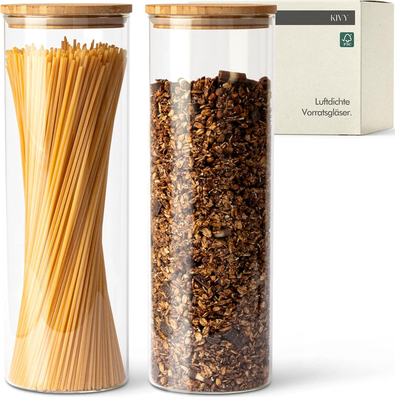 KIVY Vorratsdosen Glas Set [2 x 1800ml] – Nudel & Spaghetti Aufbewahrung als Glasbehälter mit Deckel