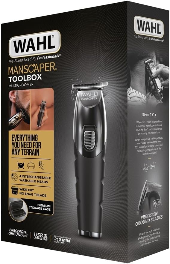 WAHL Manscaper Toolbox, Multigroomer, Bartschneider, Haarschneider, Lithium-Power, USB-Ladung, Schut