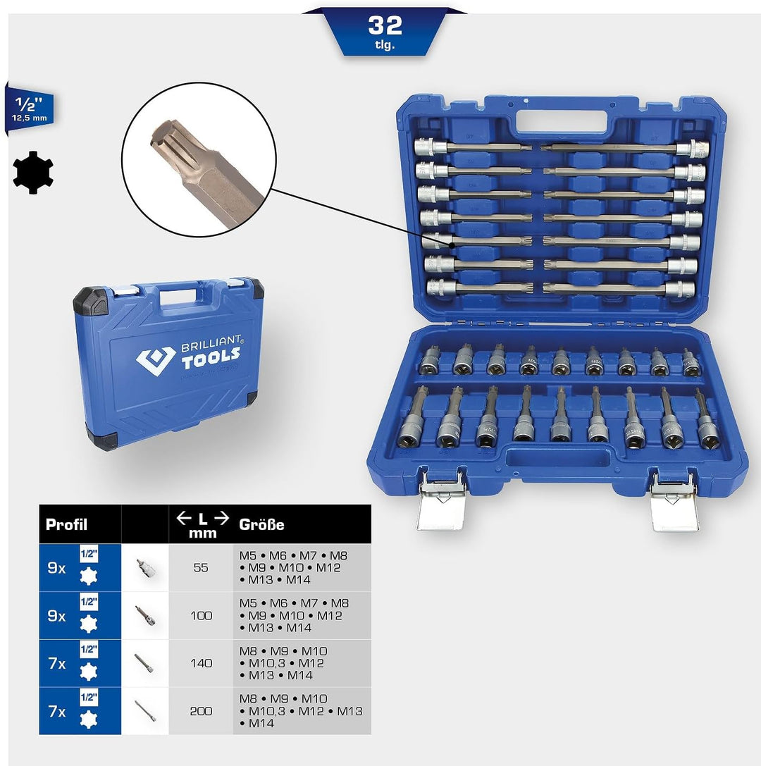 BRILLIANT TOOLS BT022032 1/2" Bit-Stecknuss-Satz, 32-tlg, RIBE Profil [Powered by KS TOOLS] 32-tlg.