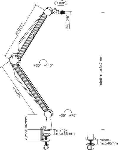 Toboli Mikrofonarm 80cm Gelenkarm Tischhalterung für 3/8" und 5/8" Mikrofone für Studio und Zuhause