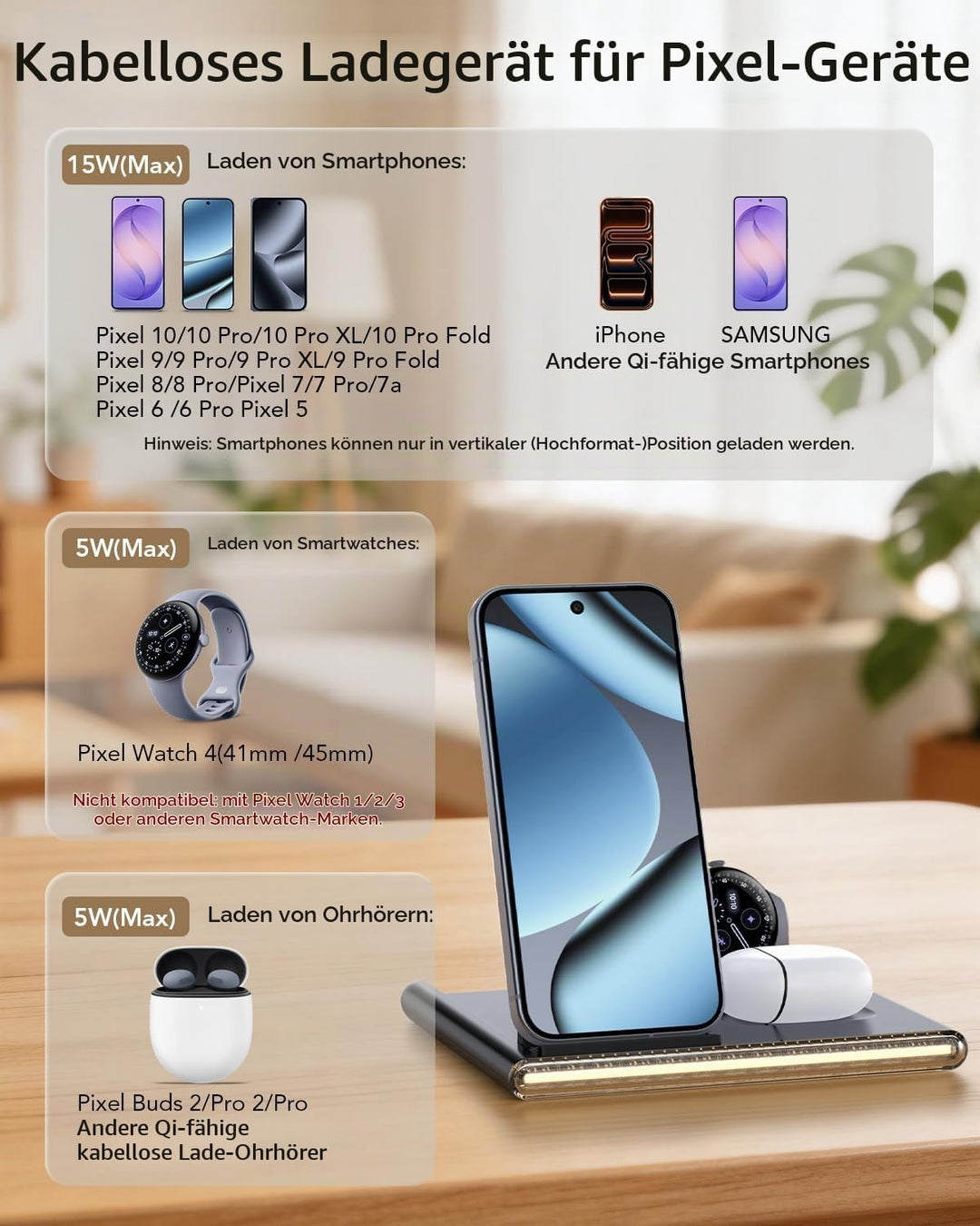 3-in-1-Wireless-Ladegerät für Google Pixel Watch 4，Induktionsladestation für Google Pixel 10/10 Pro/
