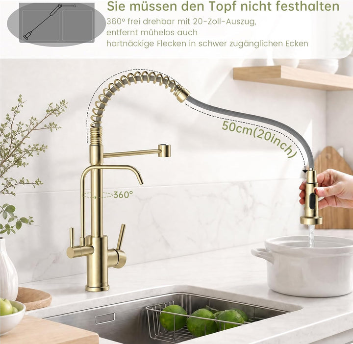 3 Wege Wasserhahn Küche, Gold Gebürstet 3 in 1 Wasserhahn Küche Ausziehbar | 360° Drehung Wasserhahn