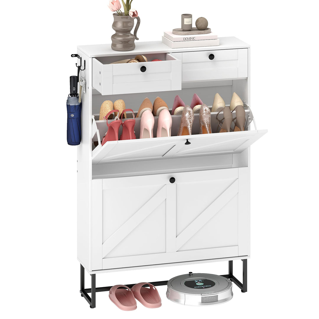 4 Ebenen Schuhschrank mit 2 Klappen und 2 Schubladen, Schmaler Schrank mit anpassbarem Fach und Umki