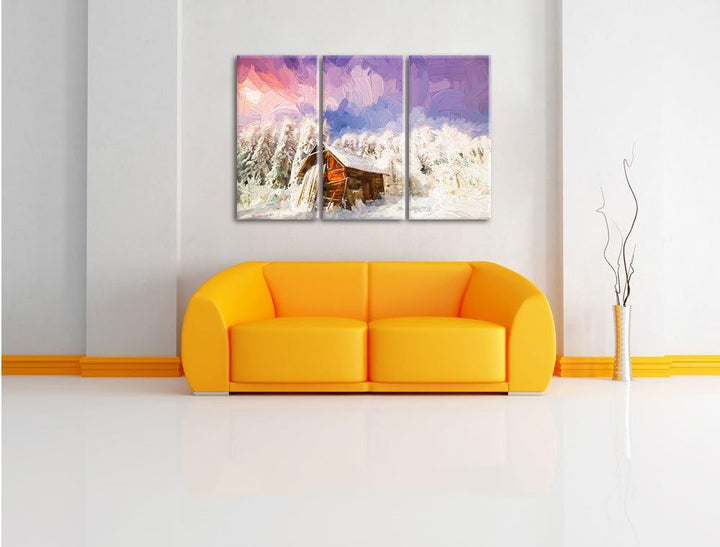 Pixxprint Holzhütte im Schnee als Leinwandbild/Grösse: 3 Teilig (120x80) cm/Wandbild/Kunstdruck/fert