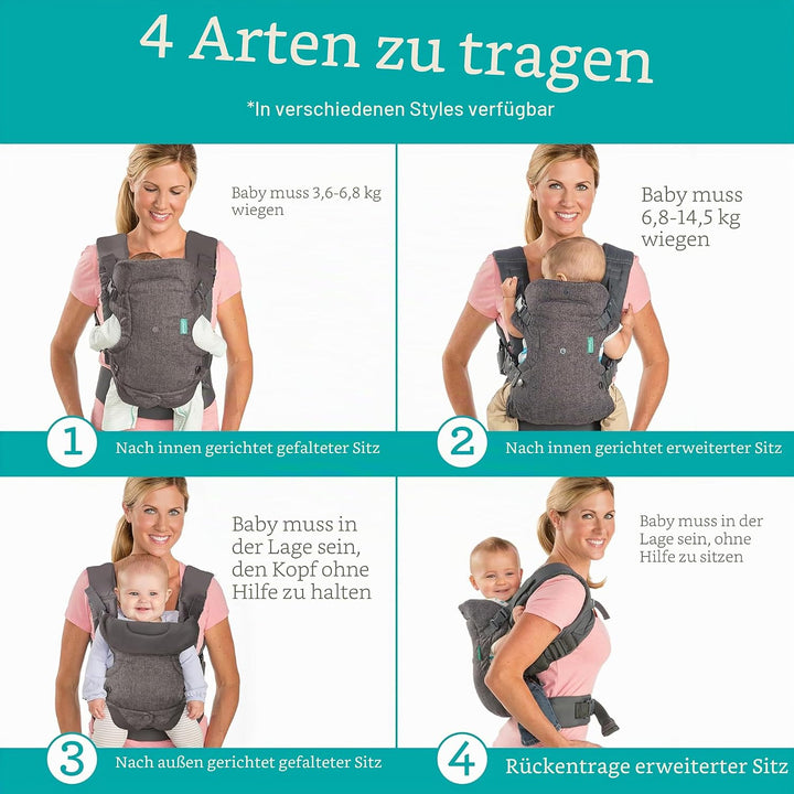 Infantino Babytrage Flip Advanced 4-in-1, Ergonomische und Umwandelbare Babytrage, Trage für Front u