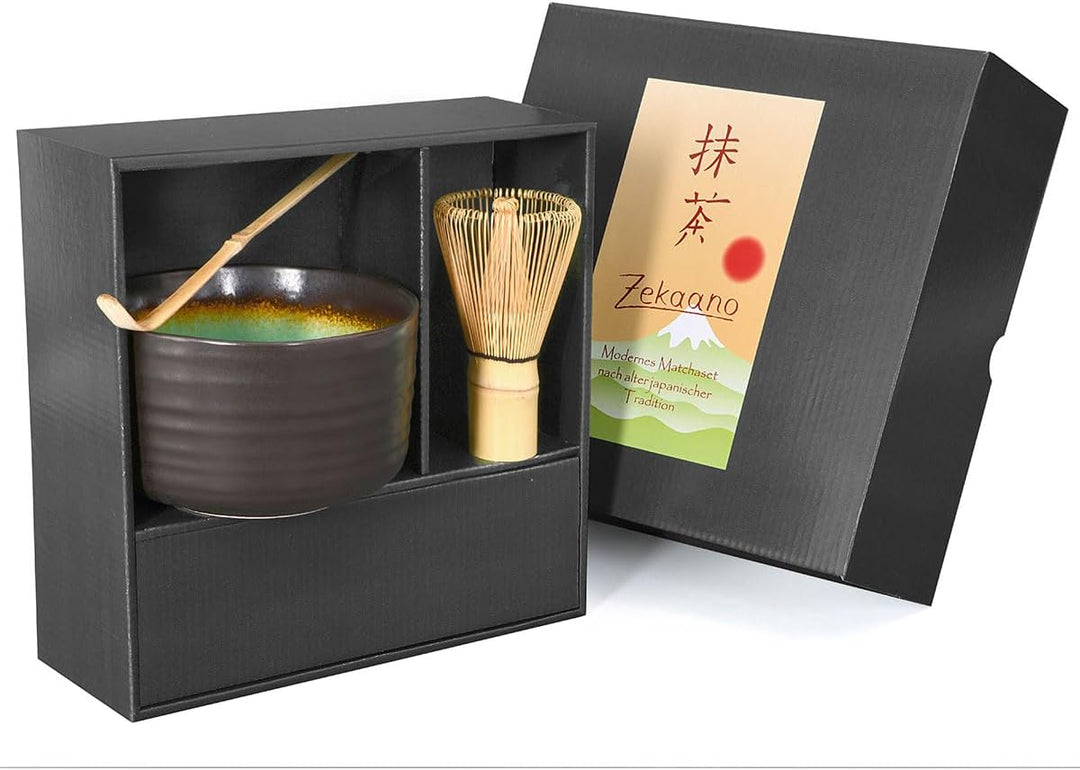 Matcha-Set 3-teilig, anthrazit/türkis, bestehend aus Matcha-Schale, Matcha-löffel und Matcha-Besen (