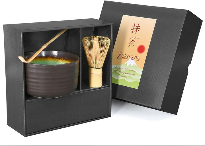 Matcha-Set 3-teilig, anthrazit/türkis, bestehend aus Matcha-Schale, Matcha-löffel und Matcha-Besen (