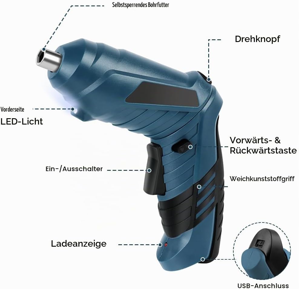Blauer Elektroschrauber flintronic Akkuschrauber Klein, Mini Akkuschrauber con LED-Licht, 1300mAh Ak