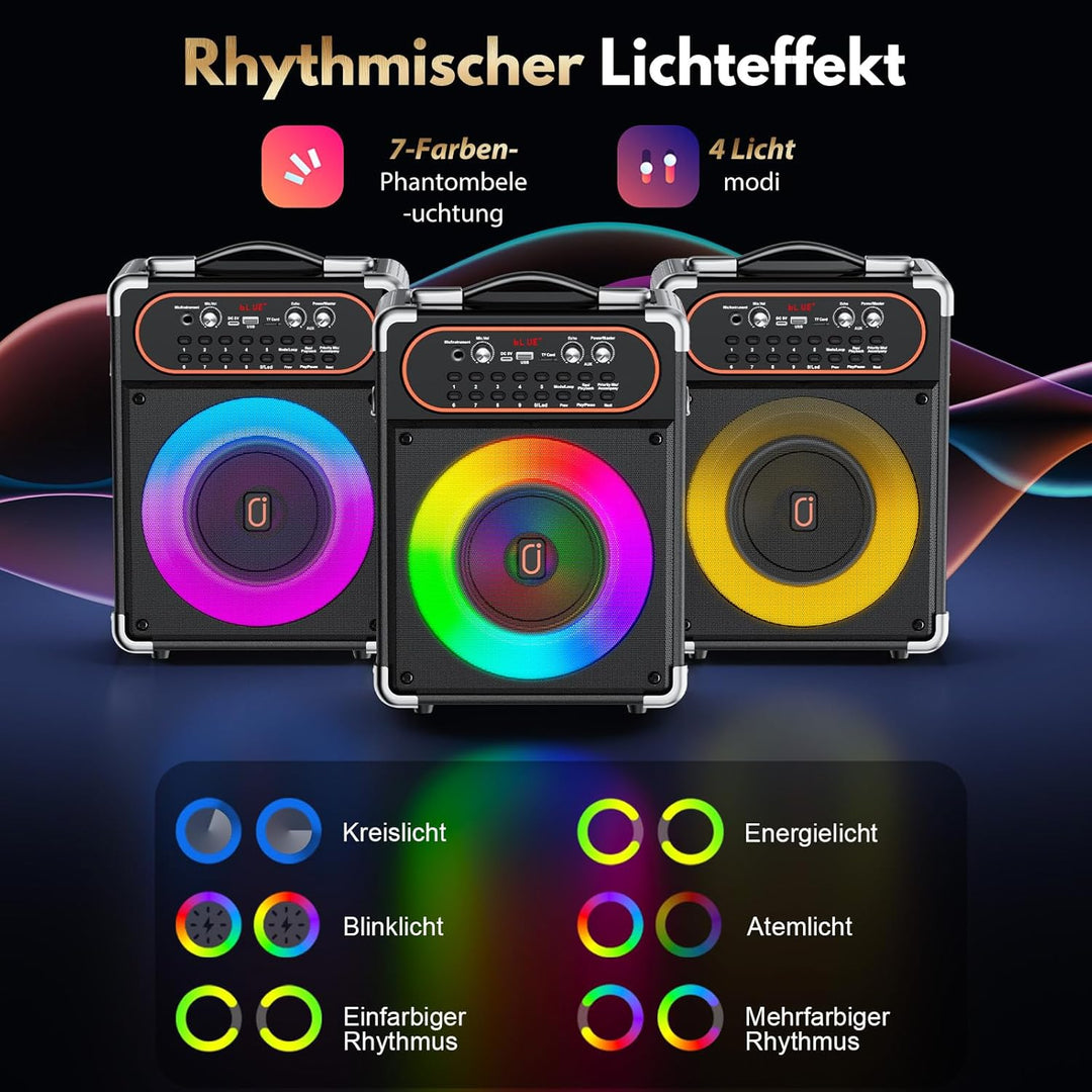 Karaoke Maschine mit 2 Mikrofonen, Tragbarer Kabelloser Lautsprecher Party Musik Box mit LED-Leuchte