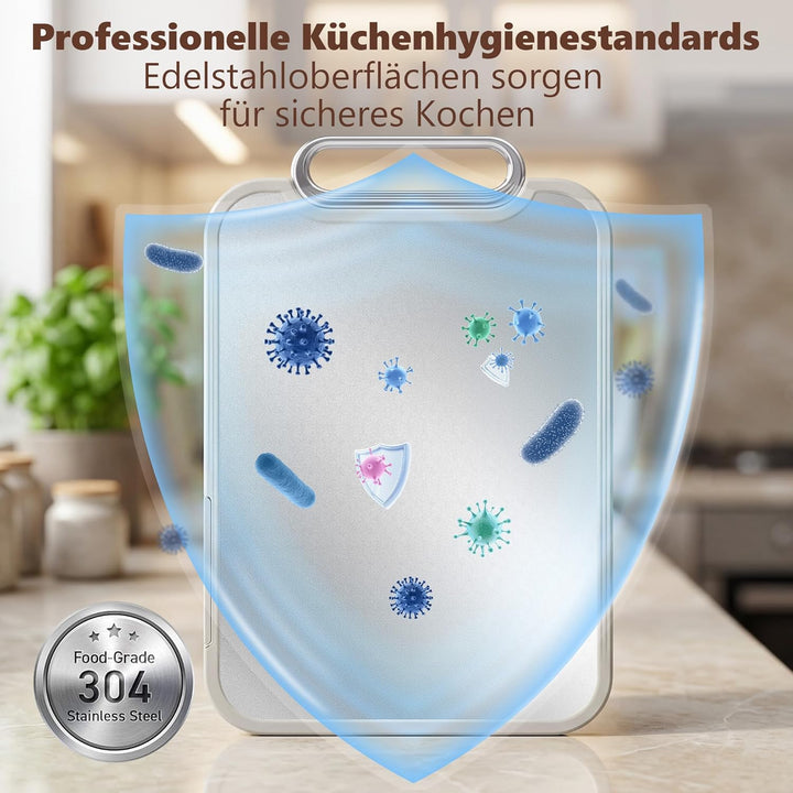ROTTOGOON Schneidebrett Holz & Edelstahl 2 in 1 Doppelseitiges Schneidebrett mit Saftrille Rutschfes