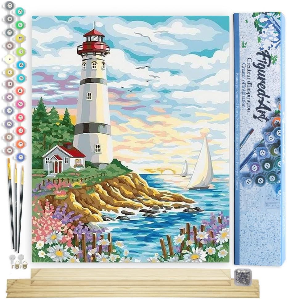 Figured'Art Malen Nach Zahlen Erwachsene Mit Rahmen Leuchtturm unter bewölktem Himmel - Paint by Num
