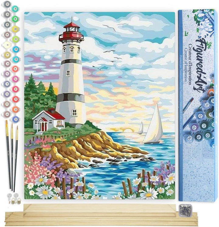 Figured'Art Malen Nach Zahlen Erwachsene Mit Rahmen Leuchtturm unter bewölktem Himmel - Paint by Num