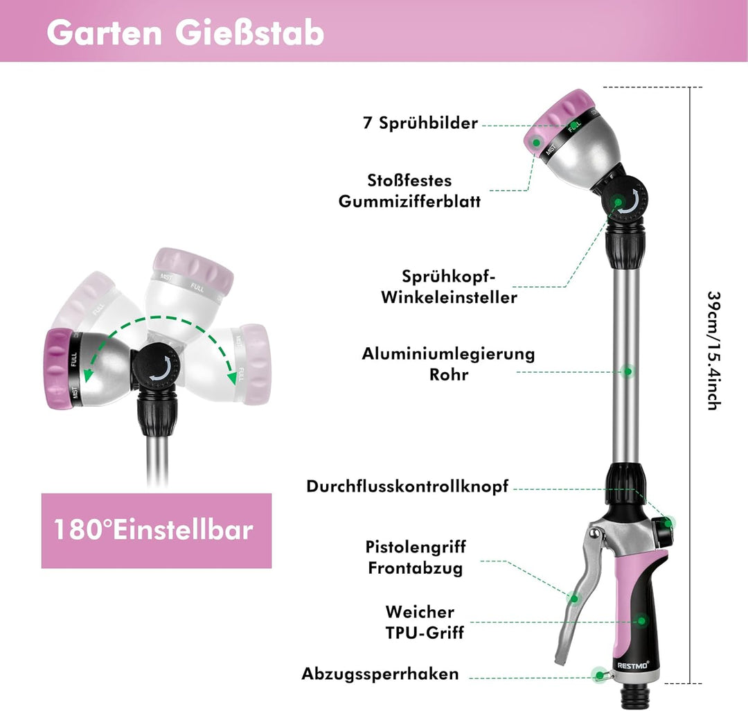 RESTMO Garten Giessstab Metall, 42cm Lang Gartenbrause mit Stiel, 180° schwenkbaren Kopf Stabbrause