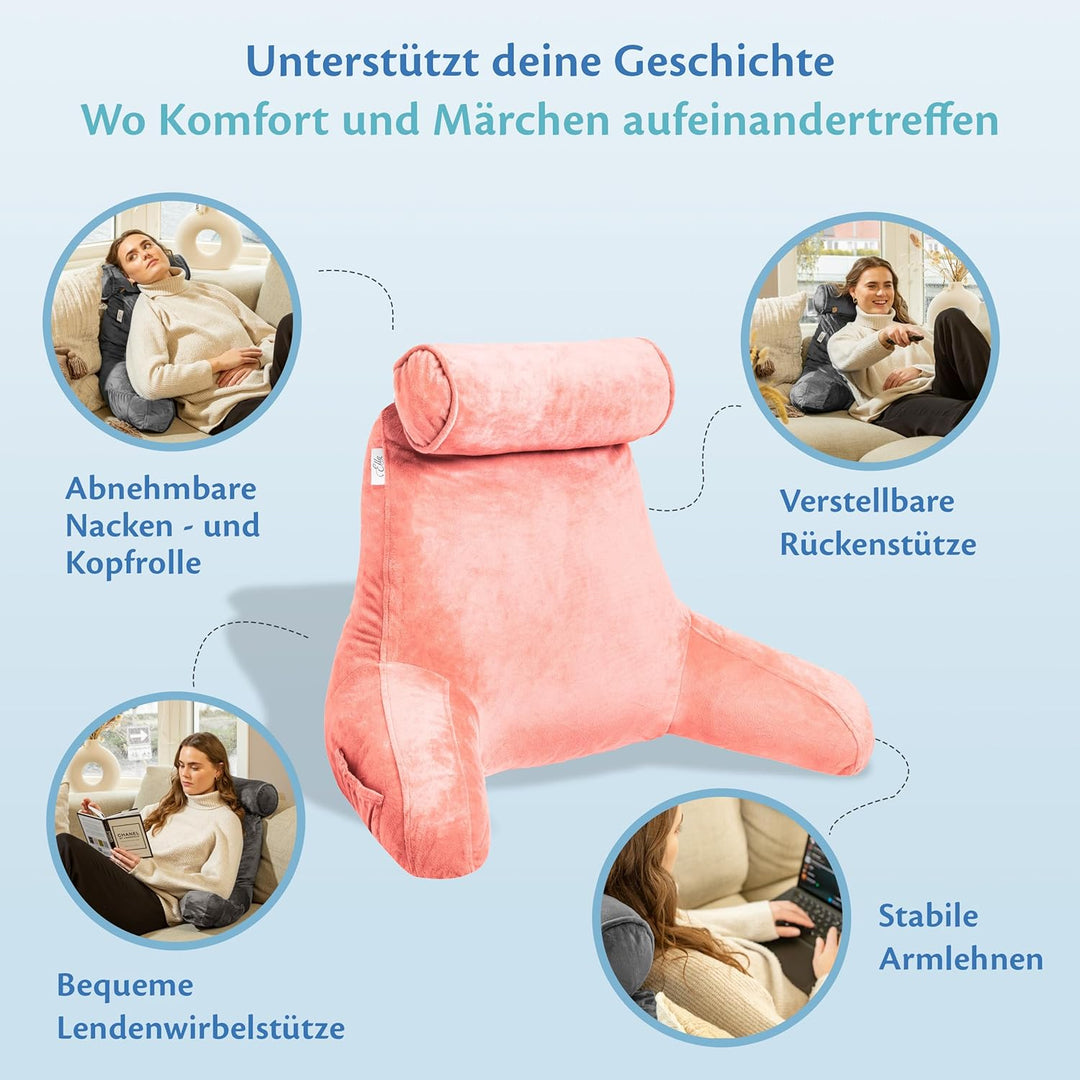 Ella Lesekissen für Bett und Sofa mit Abnehmbarer Nackenrolle - Rückenkissen Bett - Reading Pillow a