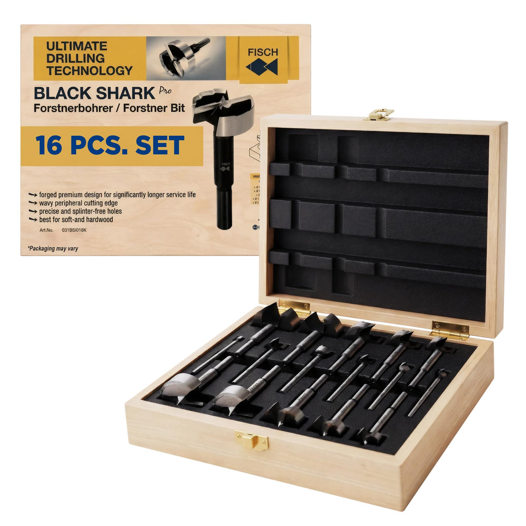 Fisch FSA-367208 Black Shark Forstner Bohrer-Set, individuelle Holzbox, inkl. Bits von 1/4 Zoll bis