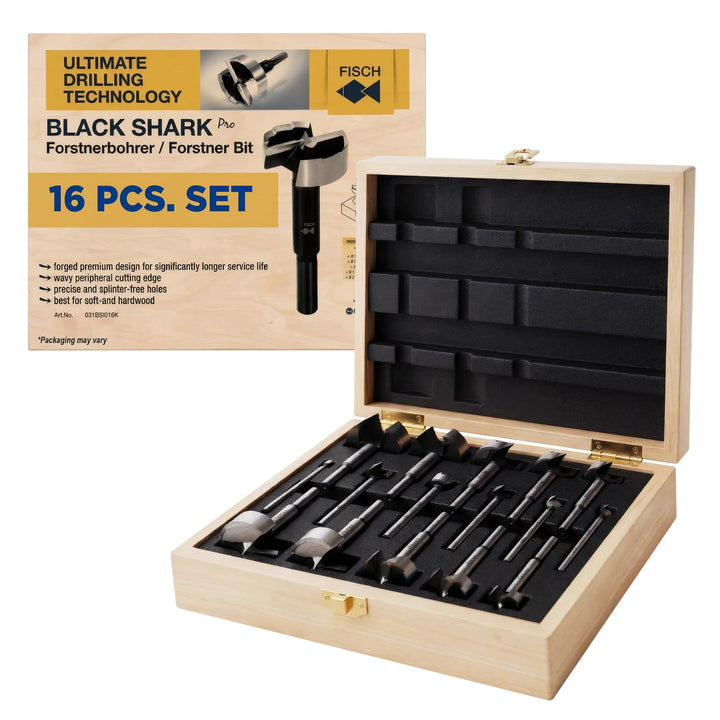 Fisch FSA-367208 Black Shark Forstner Bohrer-Set, individuelle Holzbox, inkl. Bits von 1/4 Zoll bis